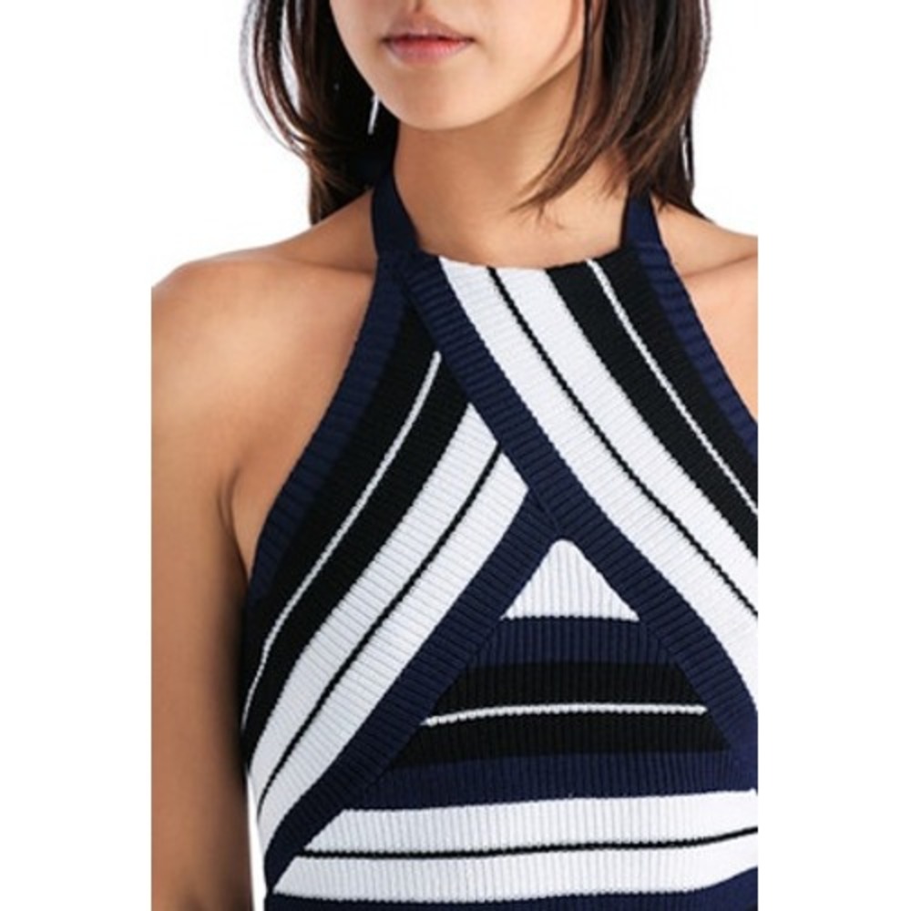 Bardot Womens Navy Blue Striped Knit Halter Crop Top Crossover Tie Back Size 6 S